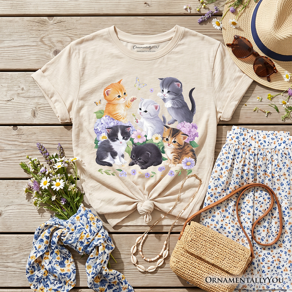 Kids Cute Baby Cats Wildflower T-Shirt, Cottagecore Botanical Cat Youth Tee - Grazingbelles