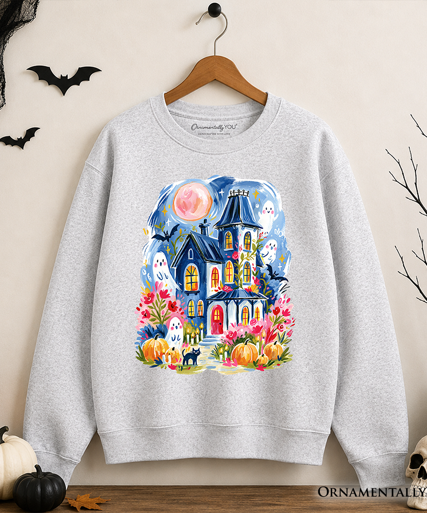 Watercolor Haunted House Sweatshirt, Colorful Ghost Pumpkin Halloween Sweater - Grazingbelles