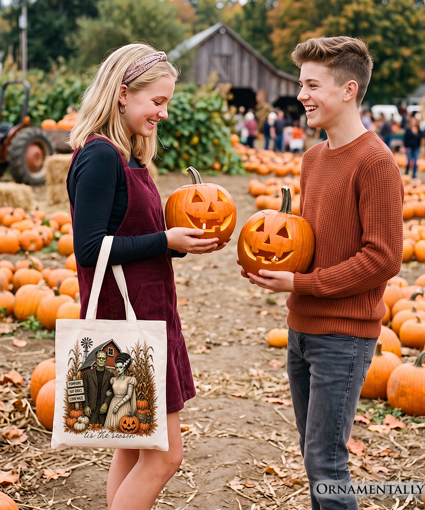Frankenstein Couple Pumpkin Patch Tote Bag, Vintage Halloween Fall Festival Gift Shopper