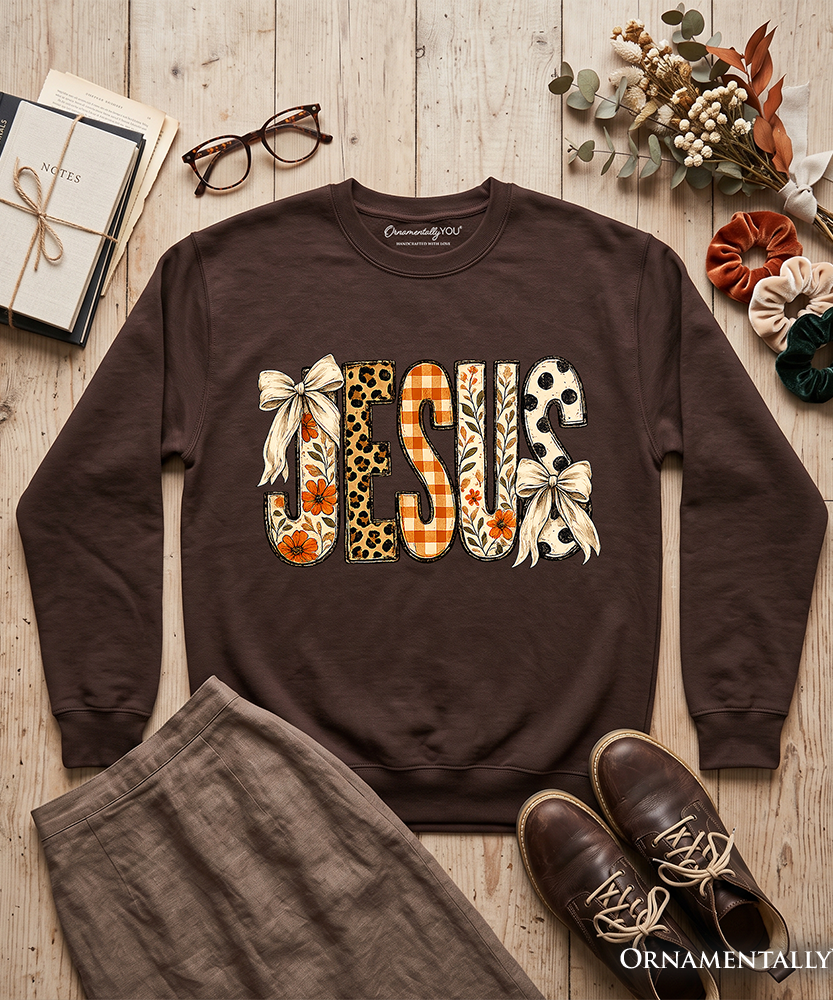 Jesus Coquette Fall Sweatshirt, Leopard Plaid Floral Christian Faith Sweater - Grazingbelles