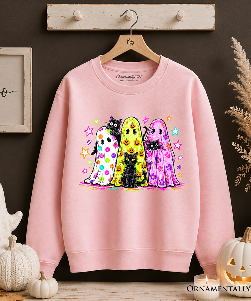 Colorful Ghosts and Black Cats Sweatshirt, Neon Halloween Spooky Season Sweater