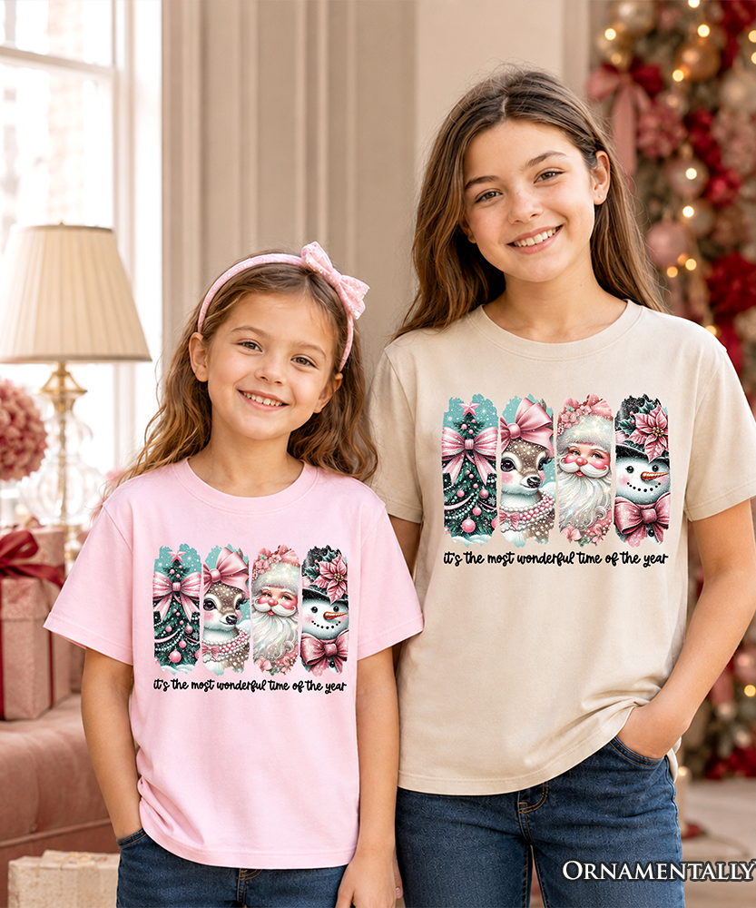 Kids Coquette Pink Christmas T-Shirt, It's The Most Wonderful Time Of The Year Vintage Tree, Reindeer, Santa and Snowman Youth Tee