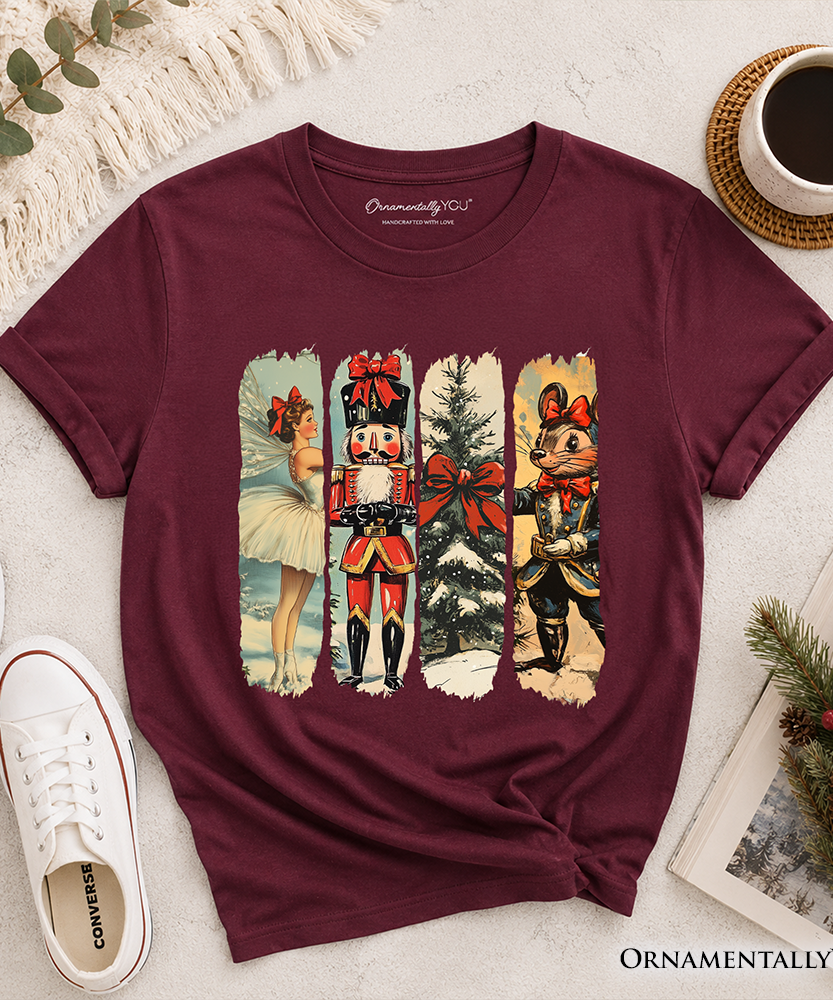 Kids Ballet and Nutcracker Christmas T-Shirt, Coquette Bow and Mouse Youth Vintage Holiday Tee