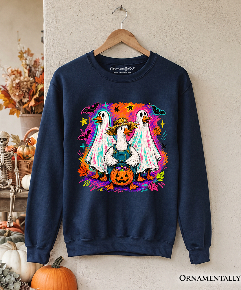 Trick or Treat Geese Sweatshirt, Colorful Halloween Ghost Costume Sweater