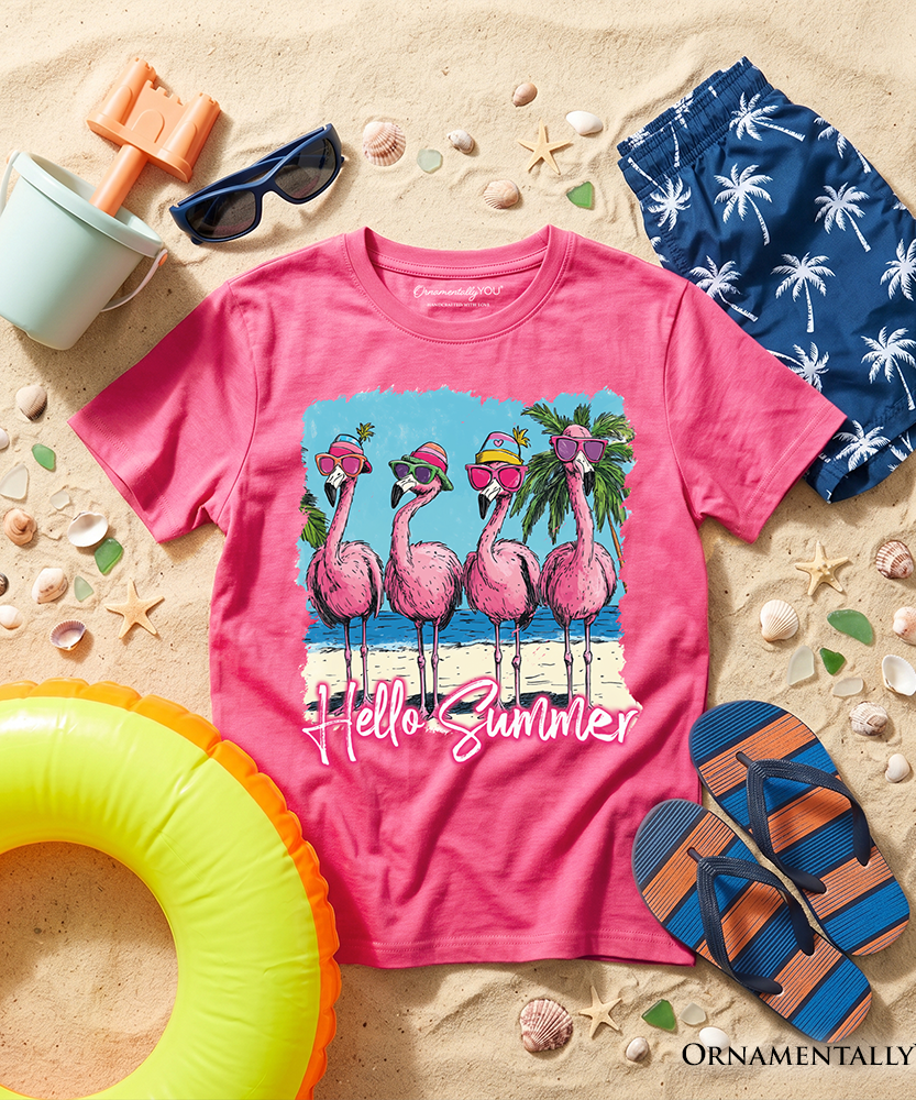 Kids Flamingo Hello Summer T-Shirt, Tropical Beach Vacation Youth Tee - Grazingbelles