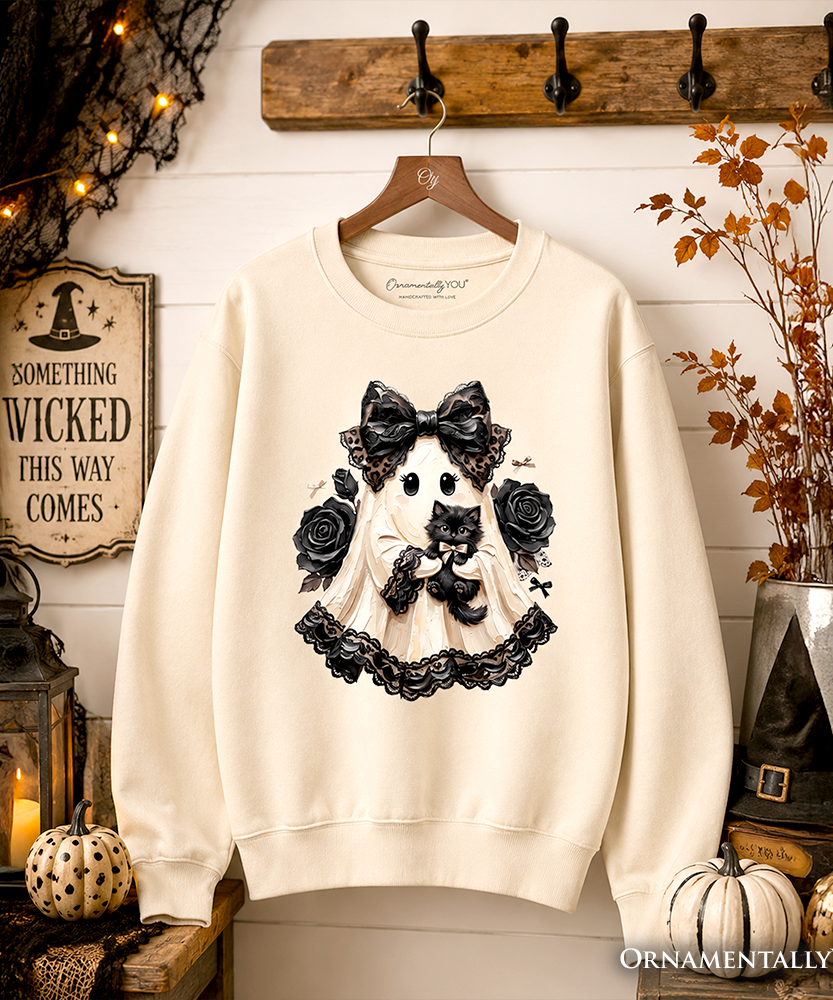 Gothic Ghost with Black Cat Sweatshirt, Black Rose Coquette Halloween Sweater - Grazingbelles