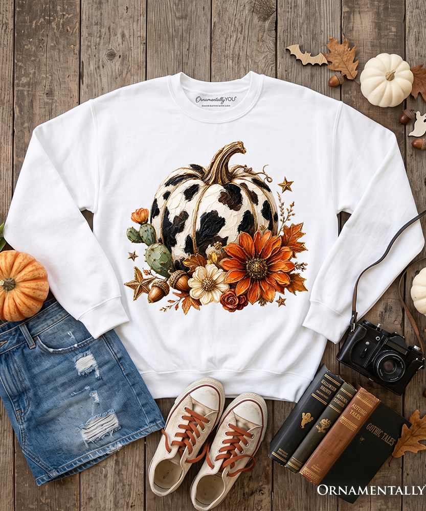 Cow Pumpkin Floral Sweatshirt, Western Autumn Harvest Sweater - Grazingbelles