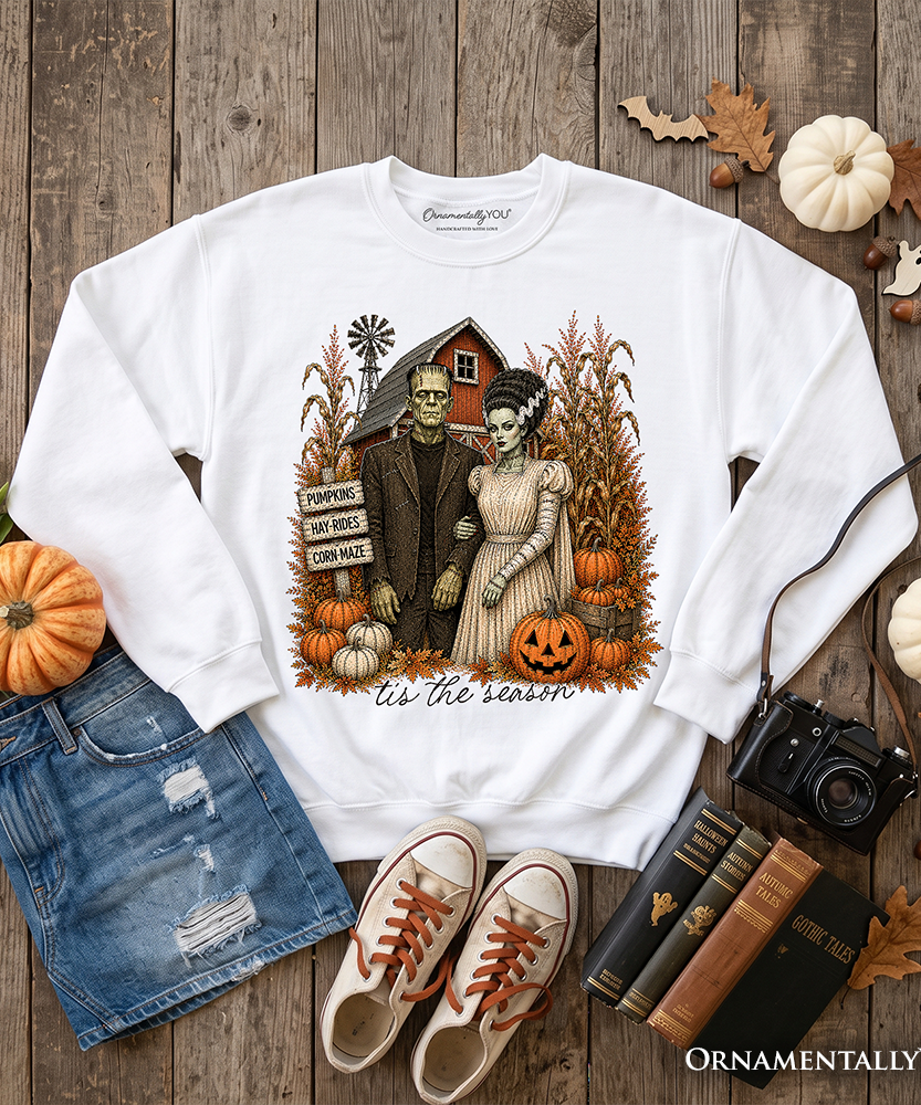 Frankenstein Couple Pumpkin Patch Sweatshirt, Vintage Halloween Fall Festival Sweater - Grazingbelles