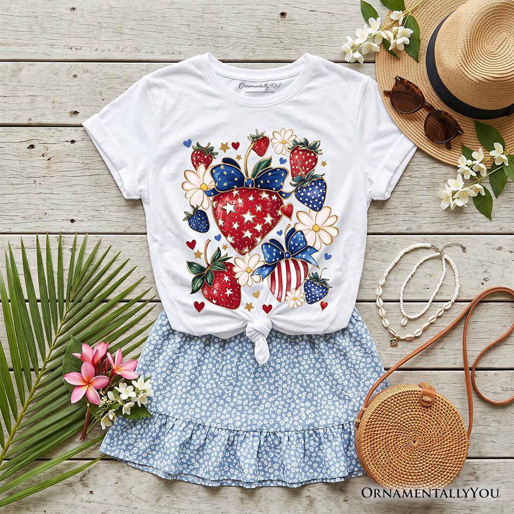 Kids Patriotic Boho Strawberries Bouquet T-Shirt, Youth 4th of July Festive Patch Tee - Grazingbelles