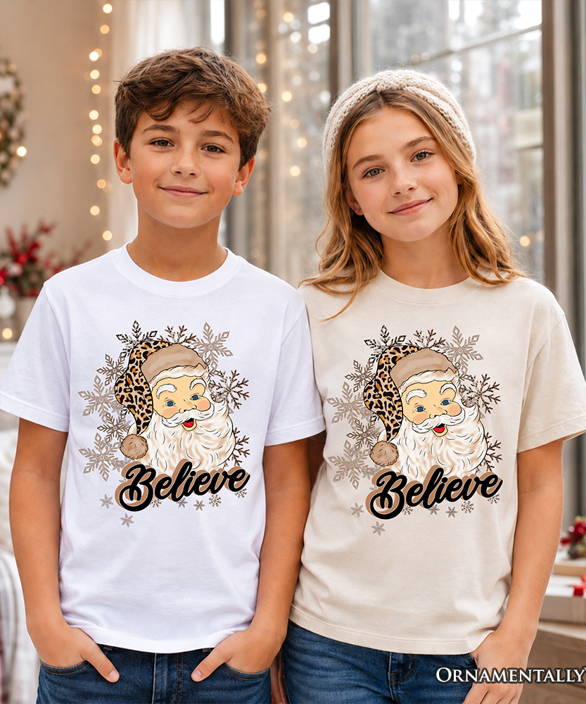 Kids Believe Santa Cheetah Leopard T-Shirt, Retro Christmas Youth Tee - Grazingbelles