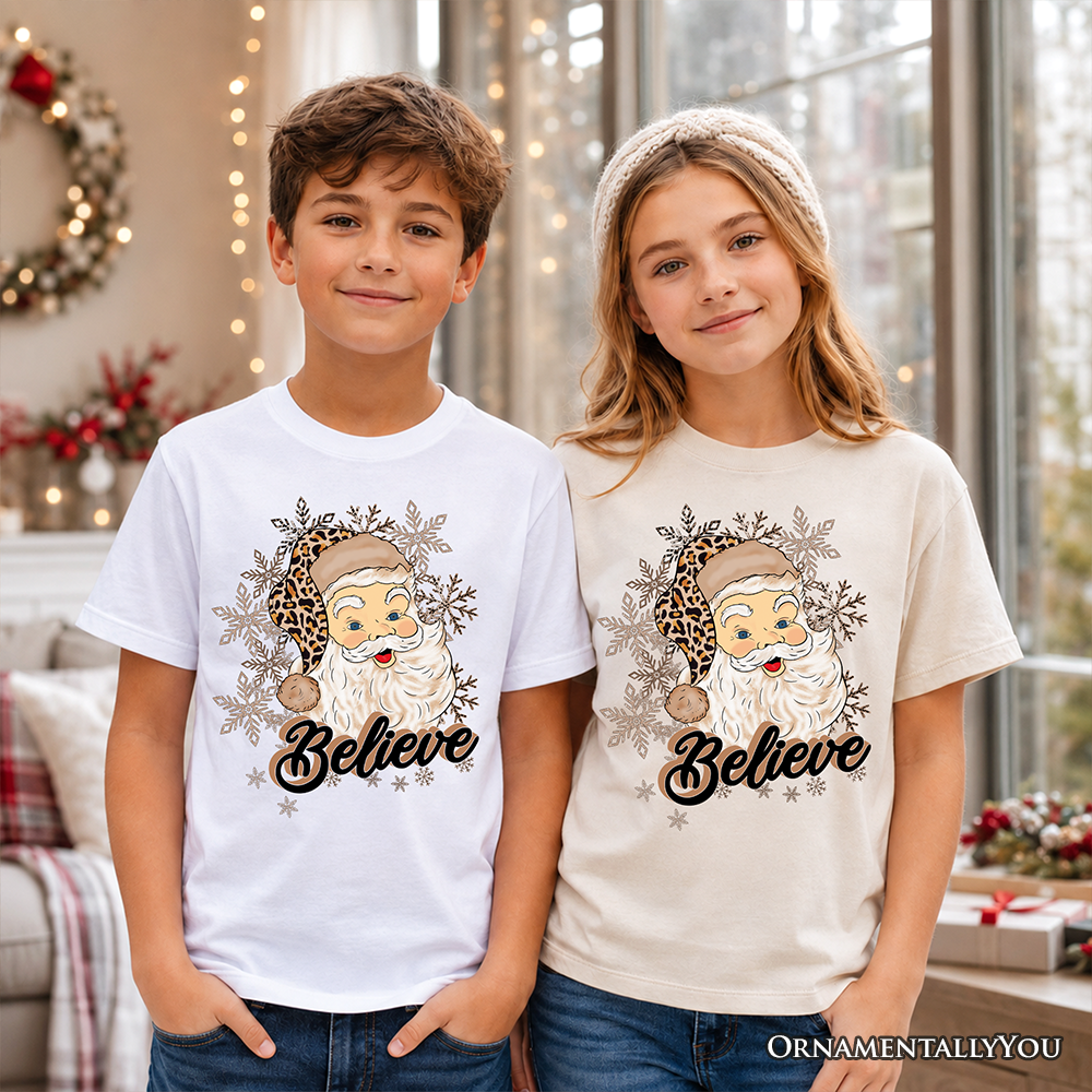 Kids Believe Santa Cheetah Leopard T-Shirt, Retro Christmas Youth Tee - Grazingbelles
