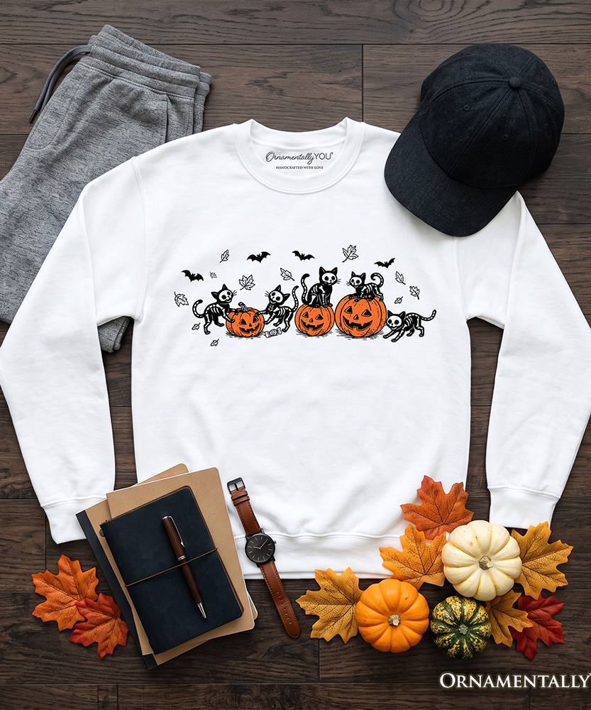 Skeleton Cats and Pumpkins Sweatshirt, Spooky Halloween Black Cat Sweater