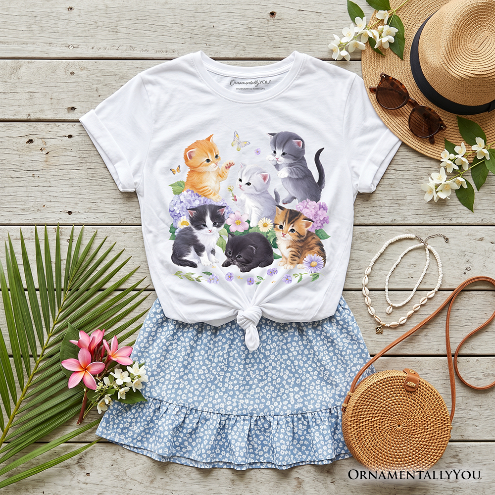 Kids Cute Baby Cats Wildflower T-Shirt, Cottagecore Botanical Cat Youth Tee - Grazingbelles