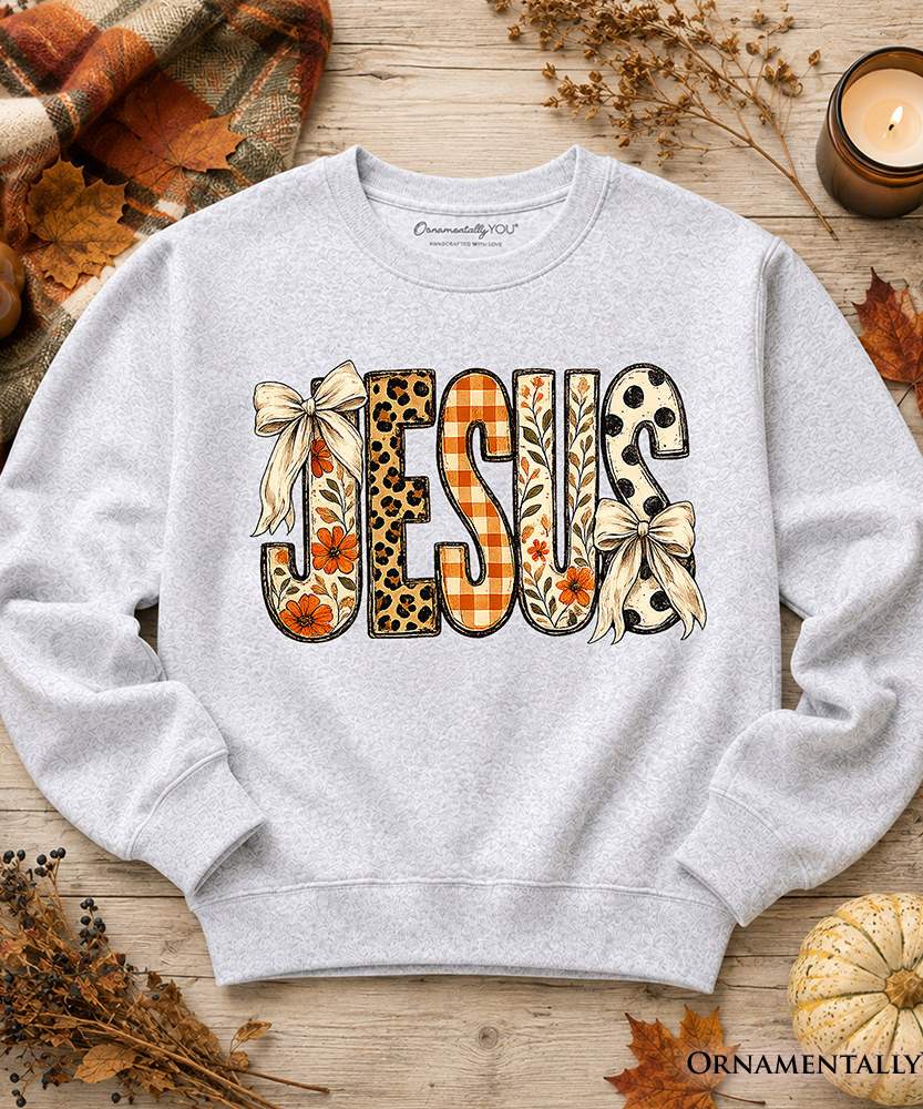 Jesus Coquette Fall Sweatshirt, Leopard Plaid Floral Christian Faith Sweater - Grazingbelles