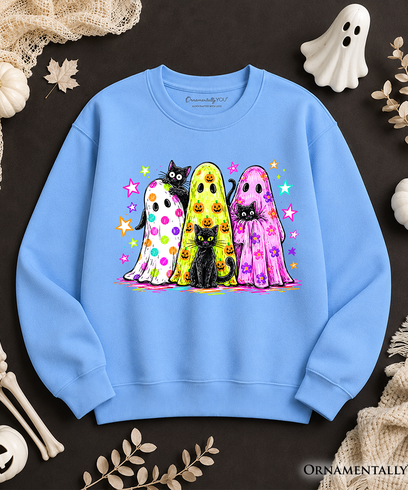 Colorful Ghosts and Black Cats Sweatshirt, Neon Halloween Spooky Season Sweater