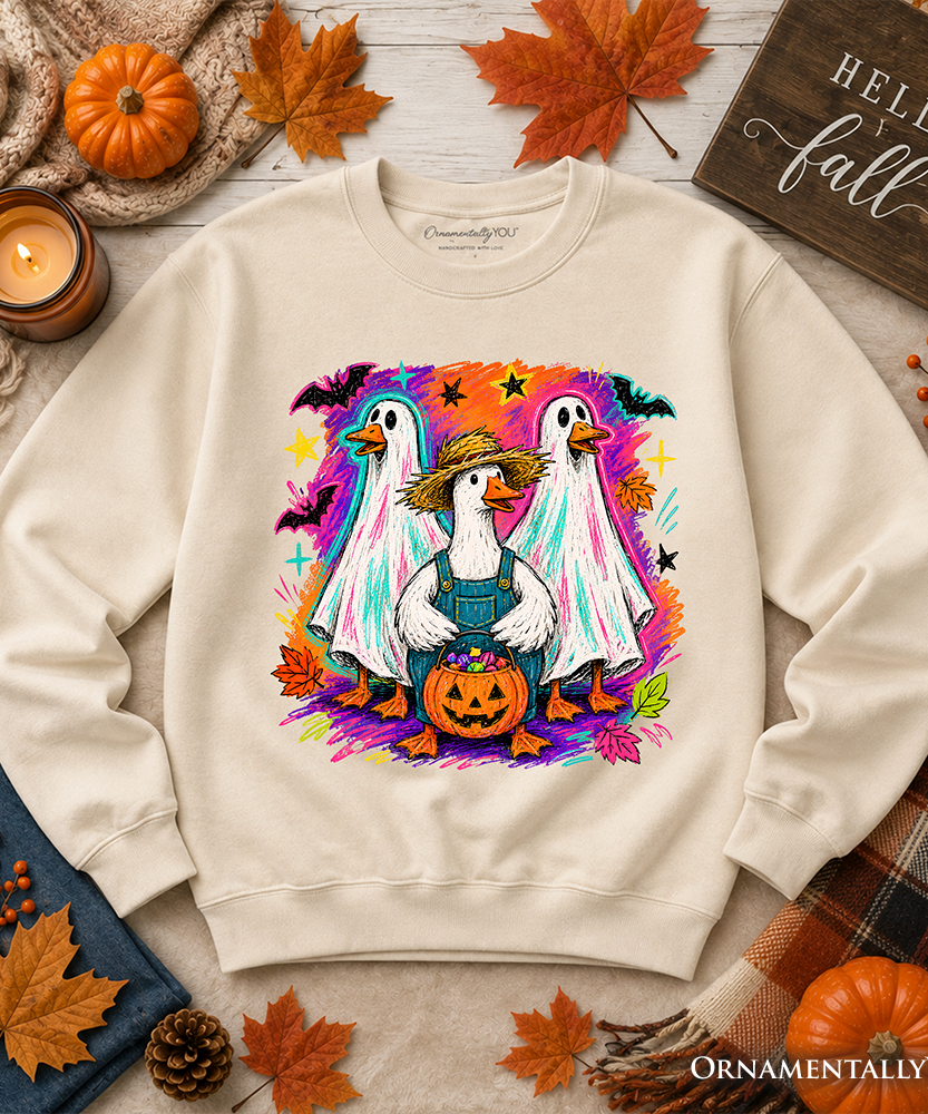 Trick or Treat Geese Sweatshirt, Colorful Halloween Ghost Costume Sweater