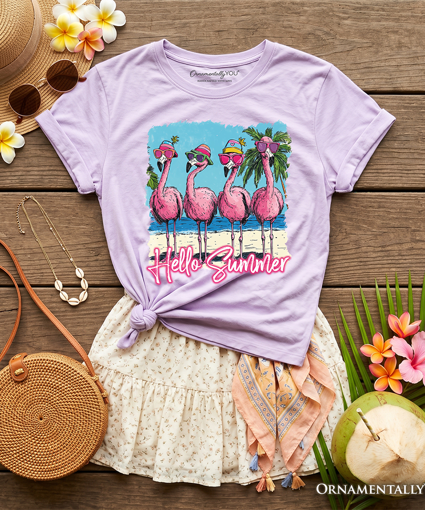 Kids Flamingo Hello Summer T-Shirt, Tropical Beach Vacation Youth Tee - Grazingbelles