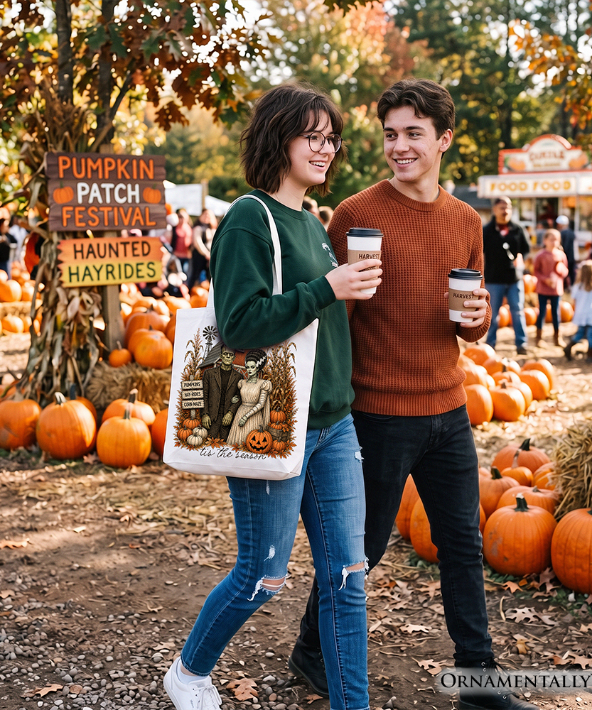 Frankenstein Couple Pumpkin Patch Tote Bag, Vintage Halloween Fall Festival Gift Shopper
