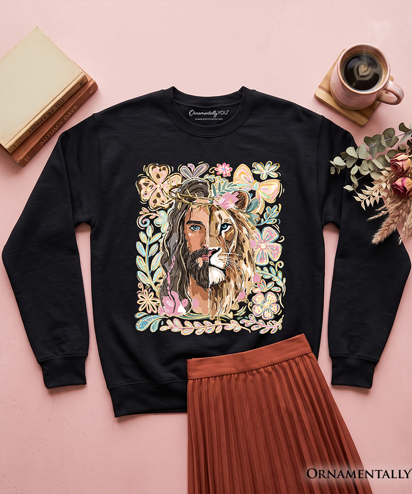 Lion of Judah Christian Sweatshirt, Floral Jesus Religious Faith Sweater