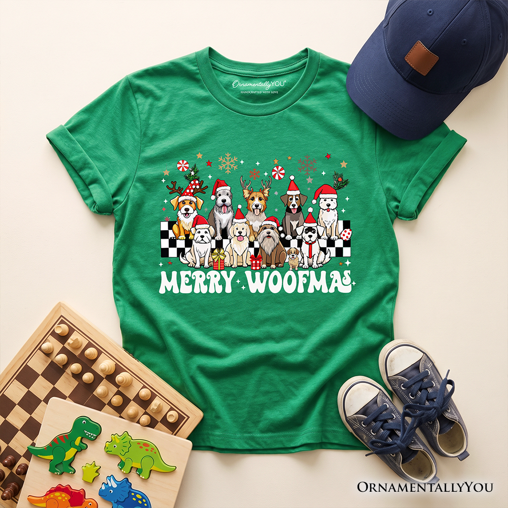 Kids Merry Woofmas Dog T-Shirt, Dogs With Santa Hats Christmas Youth Tee - Grazingbelles