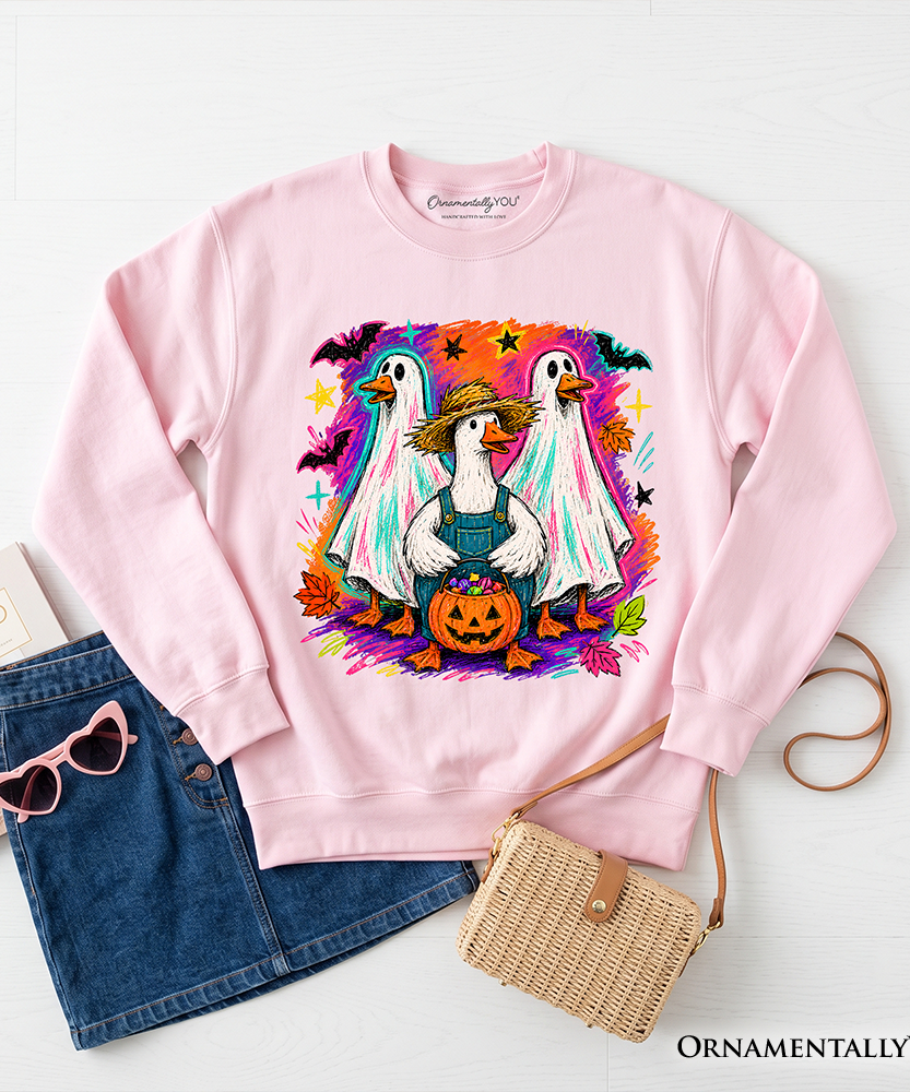 Trick or Treat Geese Sweatshirt, Colorful Halloween Ghost Costume Sweater