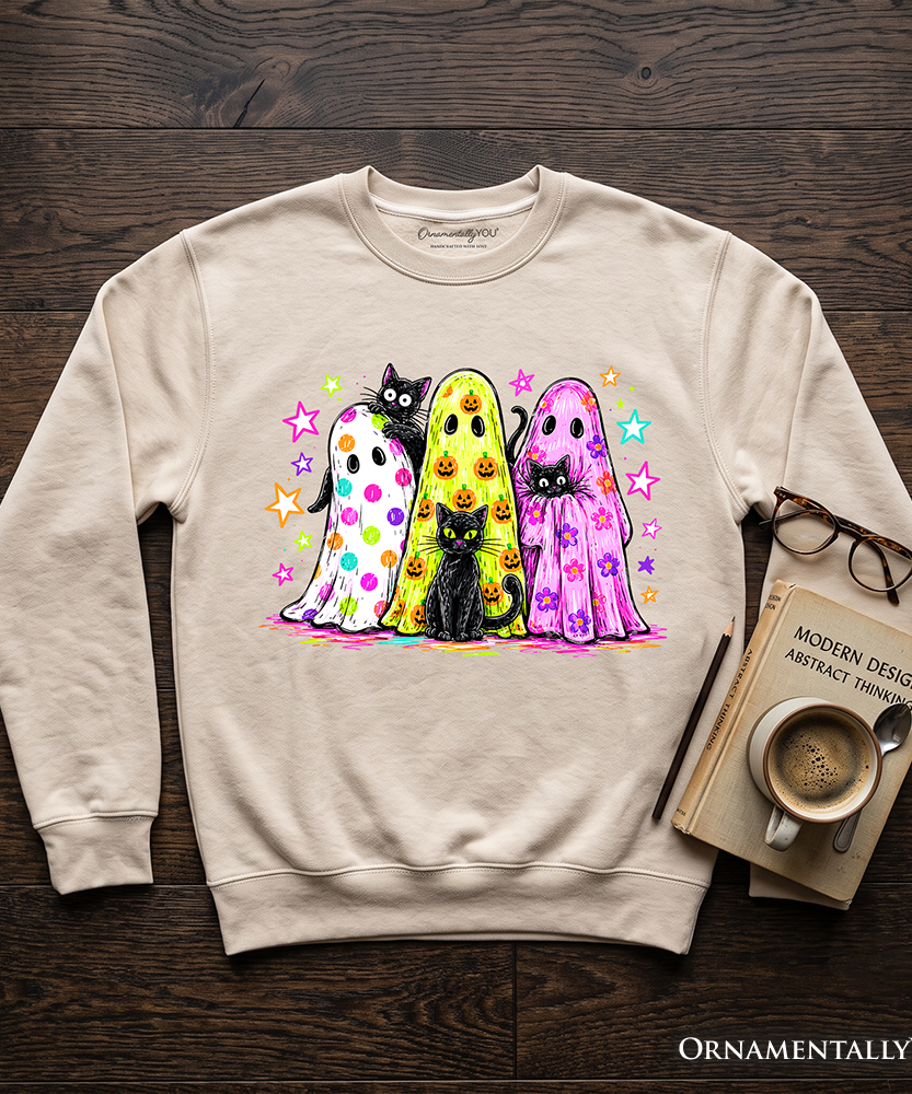 Colorful Ghosts and Black Cats Sweatshirt, Neon Halloween Spooky Season Sweater