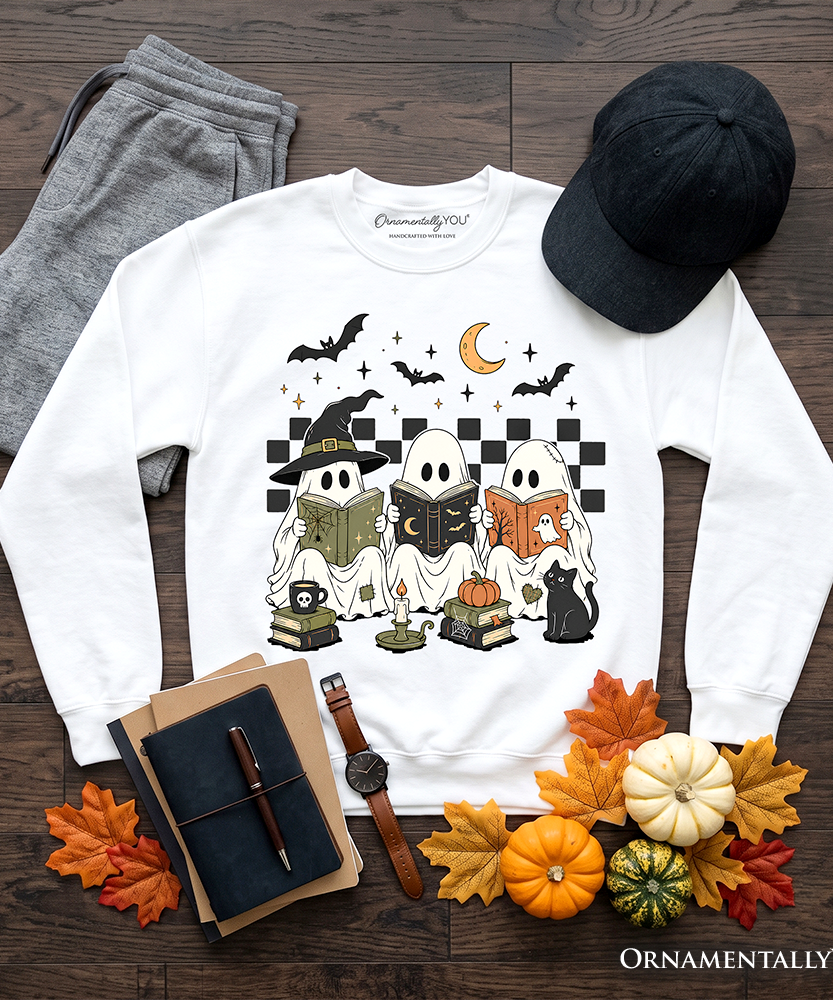 Bookish Ghosts Reading Sweatshirt, Checkered Halloween Witch Cat Sweater