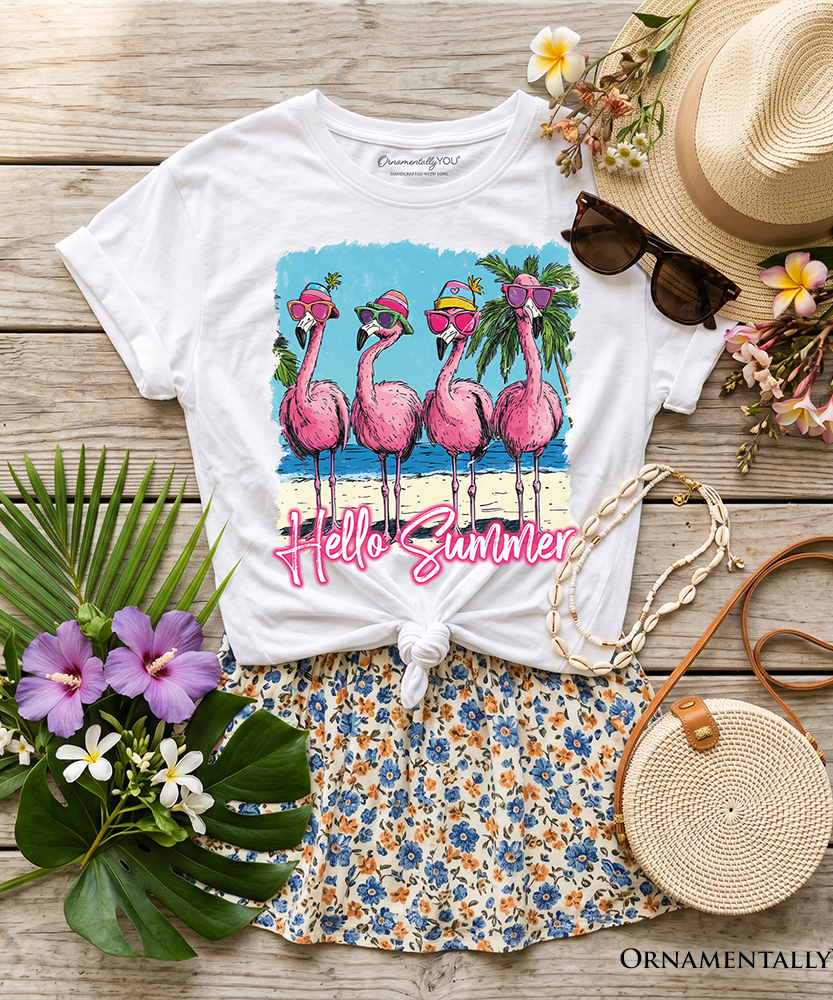 Kids Flamingo Hello Summer T-Shirt, Tropical Beach Vacation Youth Tee - Grazingbelles