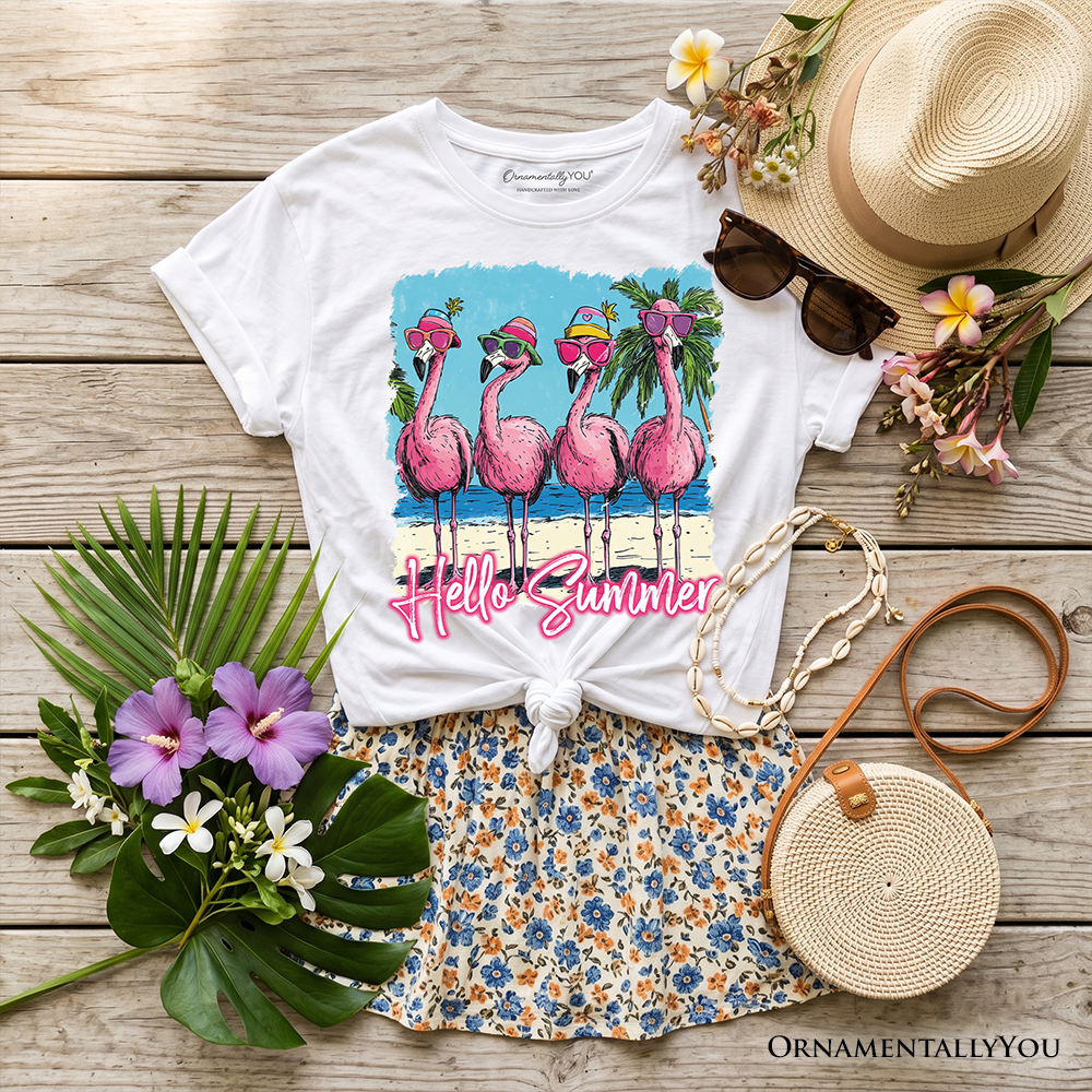 Kids Flamingo Hello Summer T-Shirt, Tropical Beach Vacation Youth Tee - Grazingbelles