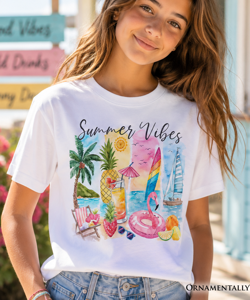 Kids Summer Vibes T-Shirt, Colorful Vacation Beach Tee for Youth - Grazingbelles