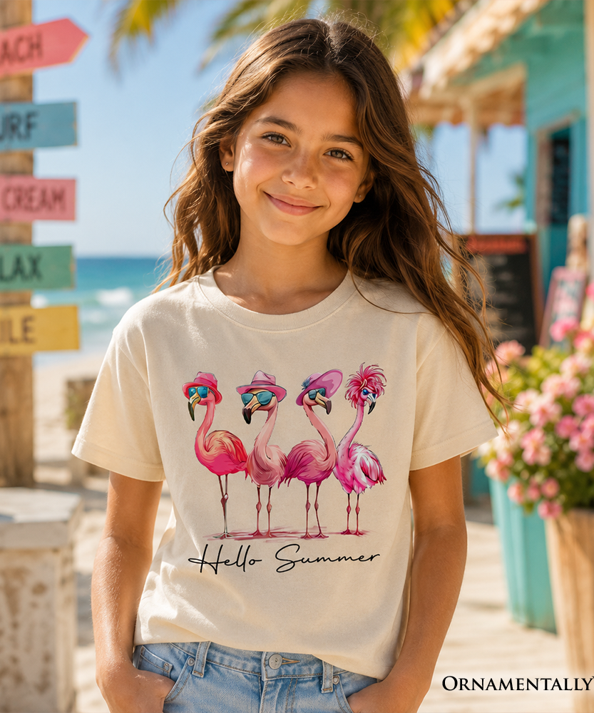 Kids Flamingo Hello Summer T-Shirt, Retro Tee with Tropical Birds for Youth Girls