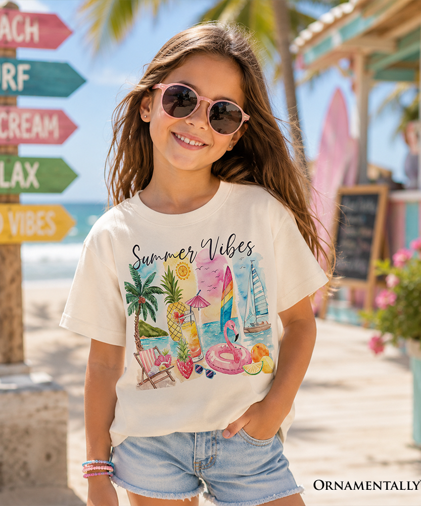 Kids Summer Vibes T-Shirt, Colorful Vacation Beach Tee for Youth - Grazingbelles