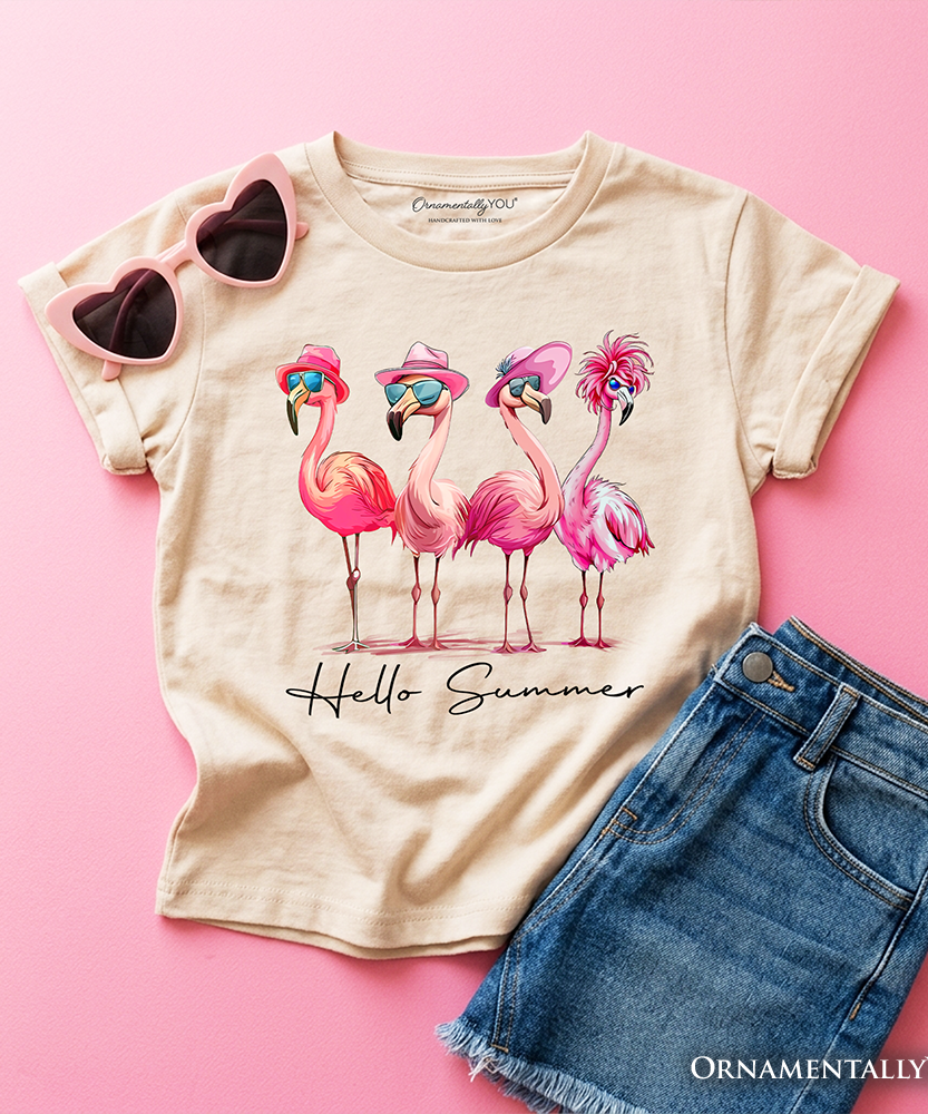 Kids Flamingo Hello Summer T-Shirt, Retro Tee with Tropical Birds for Youth Girls