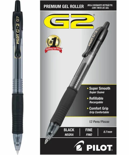 Pilot G2 Premium Gel Pen, Retractable, Fine 0.7 mm, Black Ink, Smoke/Black Barrel, Dozen (31020) - Grazingbelles