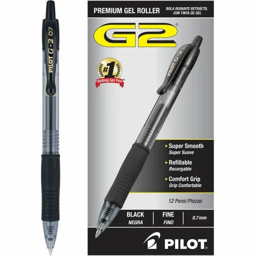 Pilot G2 Premium Gel Pen, Retractable, Fine 0.7 mm, Black Ink, Smoke/Black Barrel, Dozen (31020) - Grazingbelles