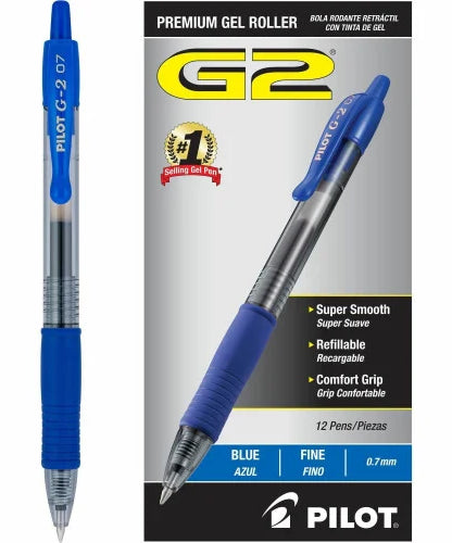 Pilot G2 Premium Gel Pen, Retractable, Fine 0.7 mm, Blue Ink, Smoke/Blue Barrel, 12/Pack (31021) - Grazingbelles