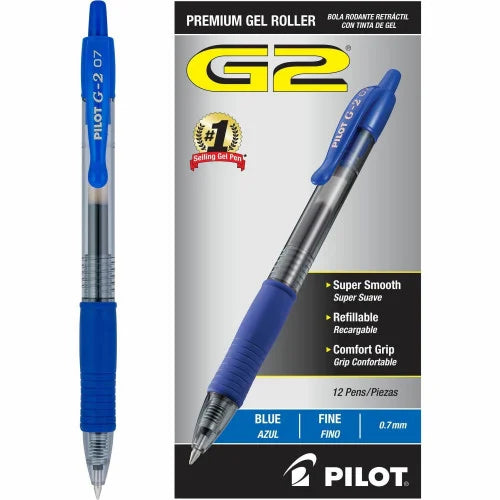 Pilot G2 Premium Gel Pen, Retractable, Fine 0.7 mm, Blue Ink, Smoke/Blue Barrel, 12/Pack (31021) - Grazingbelles