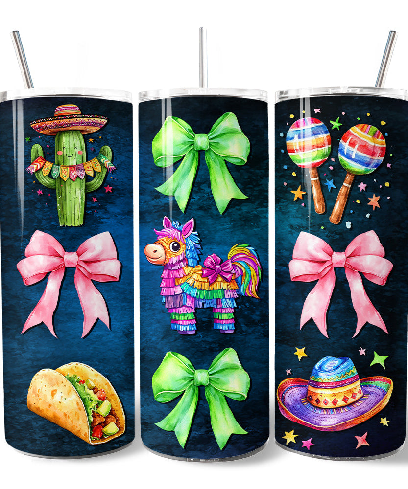 Cinco De Mayo Coquette Bow 20oz Personalized Tumbler With Lid and Stainless Steel Straw, Mexican Fiesta Maracas Gift Cup - Grazingbelles