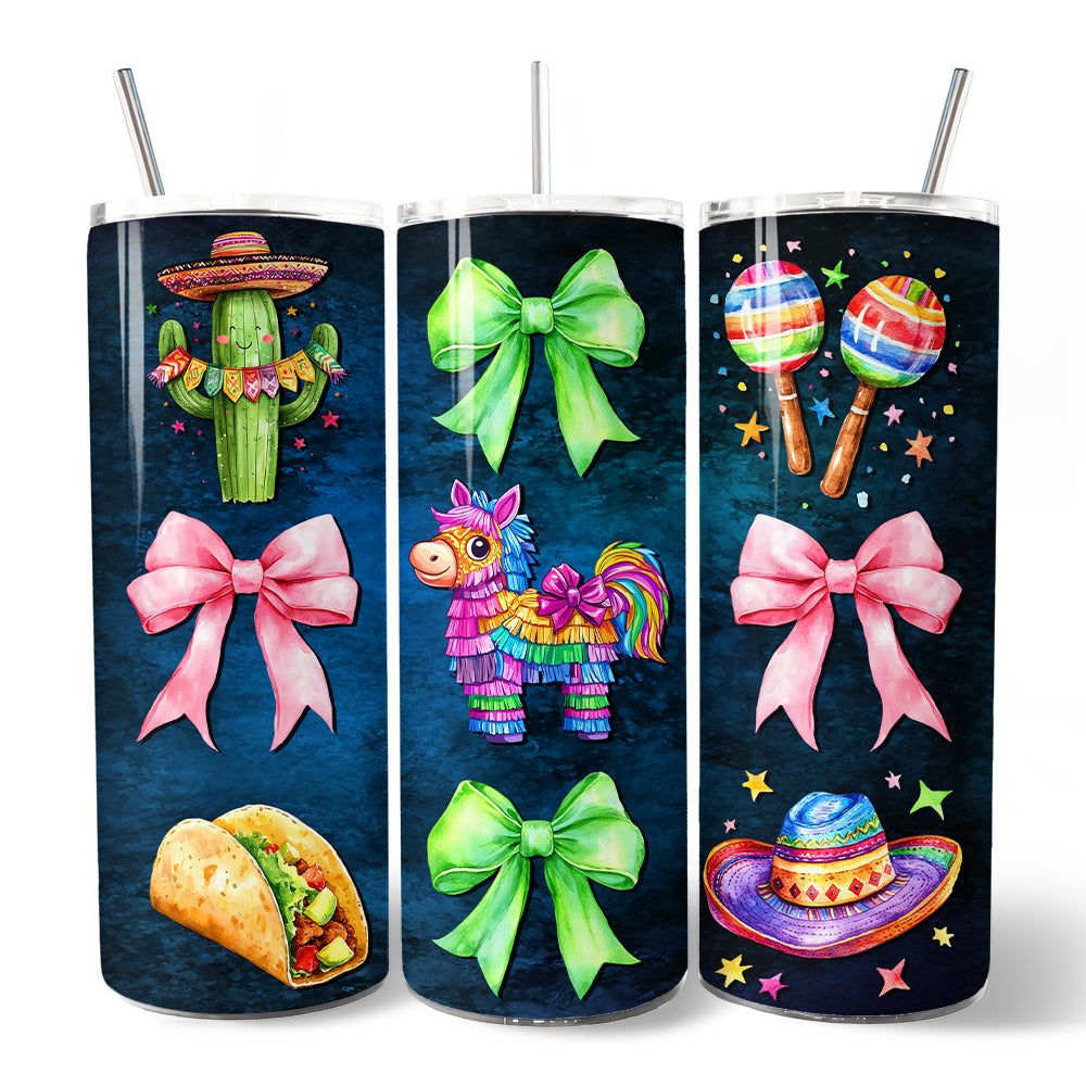 Cinco De Mayo Coquette Bow 20oz Personalized Tumbler With Lid and Stainless Steel Straw, Mexican Fiesta Maracas Gift Cup - Grazingbelles
