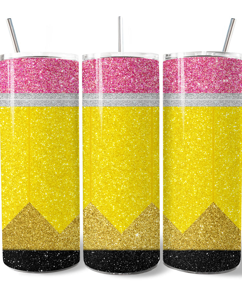 Glitter Pencil Design 20oz Personalized Tumbler With Lid and Stainless Steel Straw, School Teacher Gift Cup