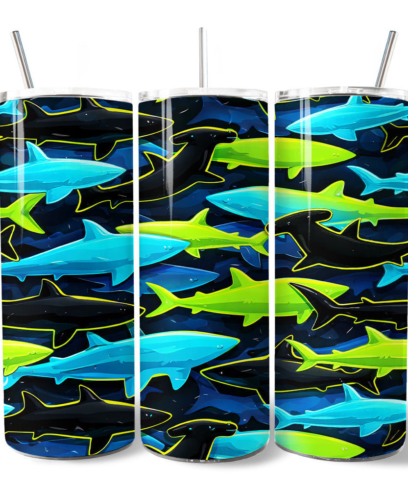 Neon Shark Camo 20oz Personalized Tumbler With Lid and Stainless Steel Straw, Marine Animal Pattern Gift Cup
