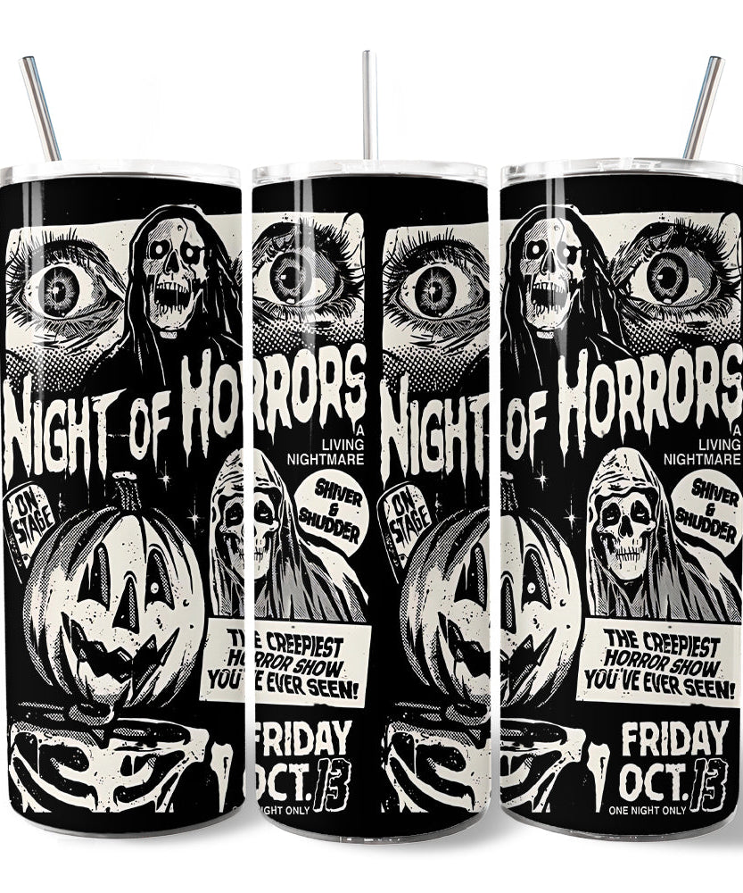 Night of Horrors Retro Halloween 20oz Personalized Tumbler With Lid and Stainless Steel Straw, Vintage Spooky Poster Gift Cup