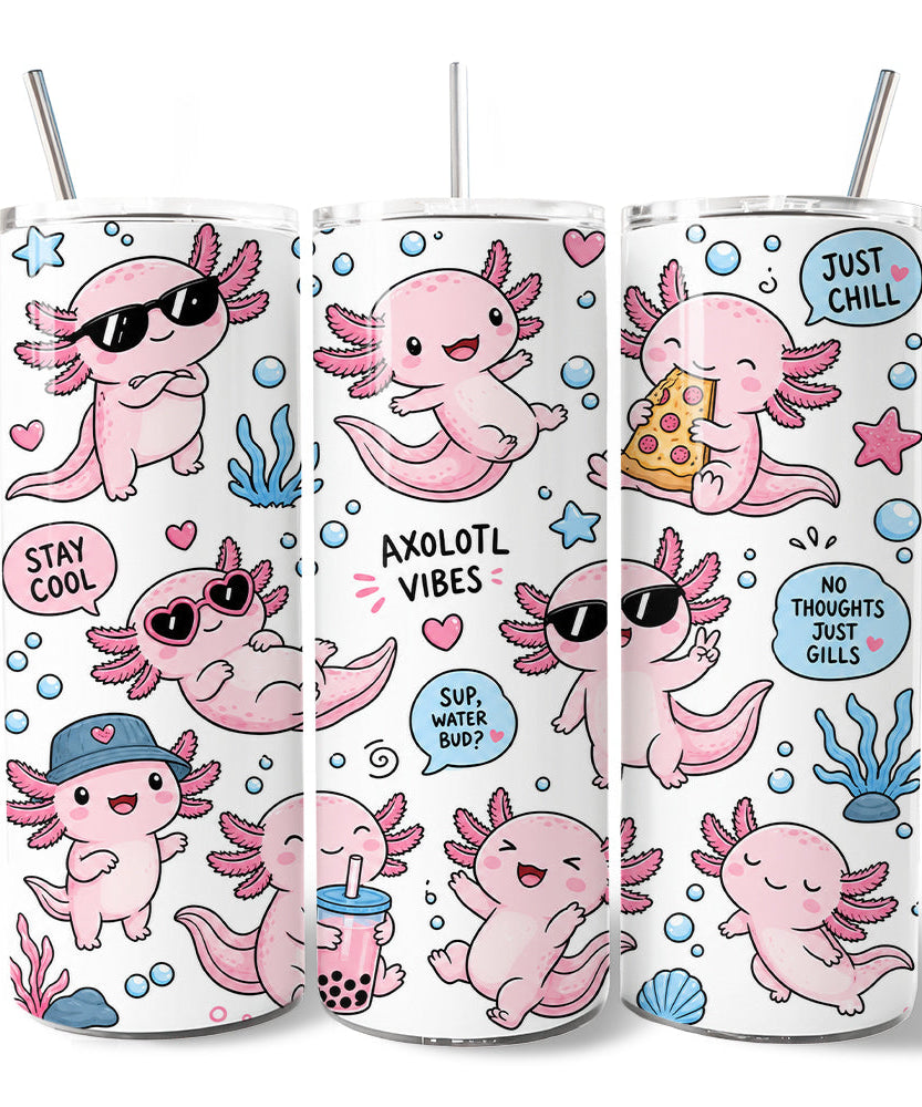 Pink Axolotl Vibe 20oz Personalized Tumbler With Lid and Stainless Steel Straw, Sea Animal Pattern Gift Cup - Grazingbelles