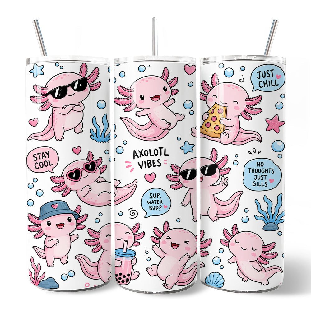 Pink Axolotl Vibe 20oz Personalized Tumbler With Lid and Stainless Steel Straw, Sea Animal Pattern Gift Cup - Grazingbelles