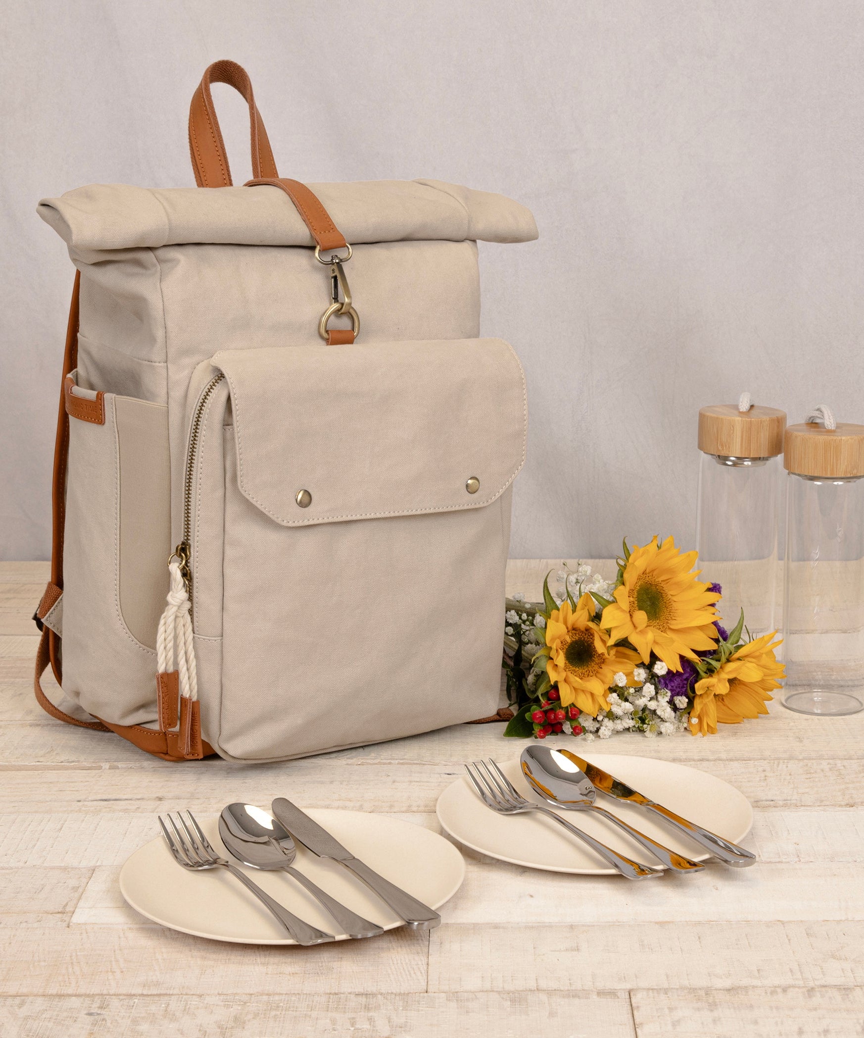 Carmel Roll Top Picnic Backpack Cooler with Utensil Set & Glass Water Bottles