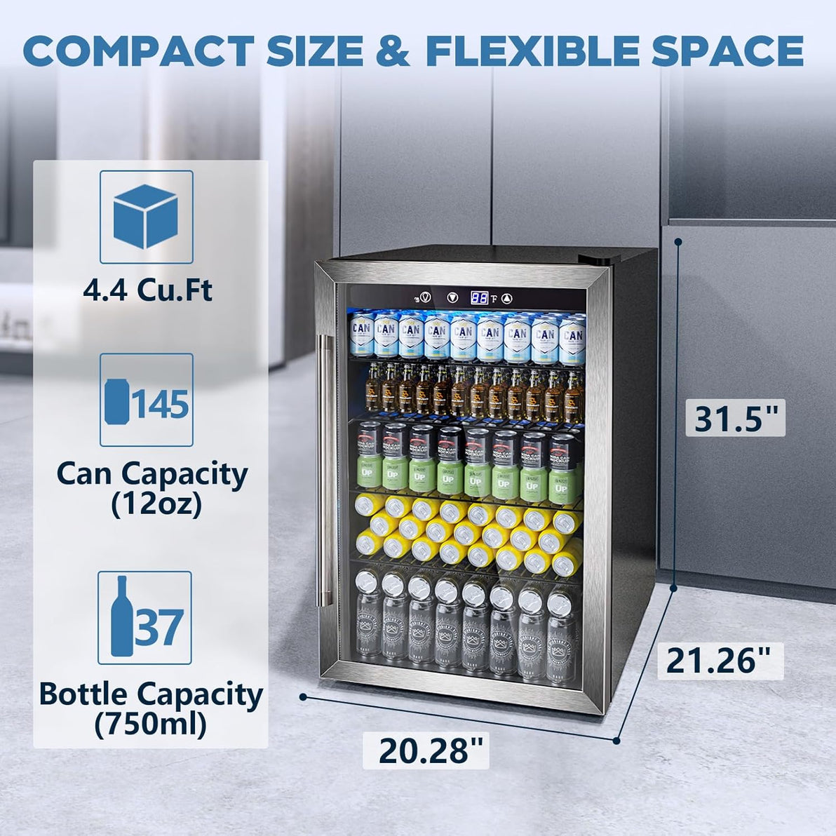 Beverage Refrigerator Cooler 4.4 Cu.Ft,145 Can Mini Fridge with Glass Door W58128SSH - Grazingbelles