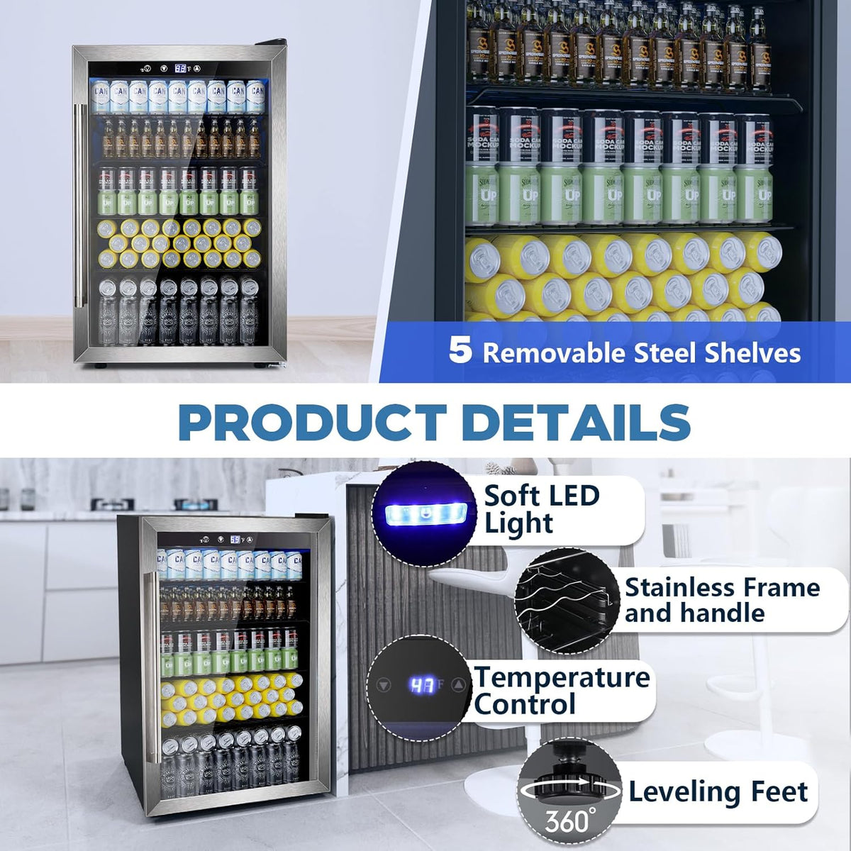 Beverage Refrigerator Cooler 4.4 Cu.Ft,145 Can Mini Fridge with Glass Door W58128SSH - Grazingbelles