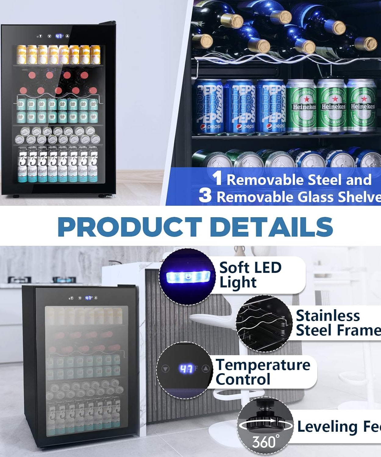 Beverage Refrigerator Cooler 4.5 Cu.Ft,145 Can Mini Fridge with Glass Door W58128BH - Grazingbelles