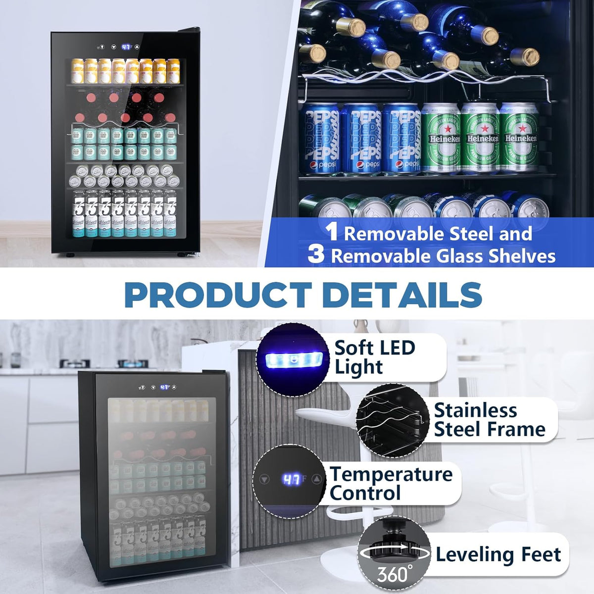 Beverage Refrigerator Cooler 4.5 Cu.Ft,145 Can Mini Fridge with Glass Door W58128BH - Grazingbelles