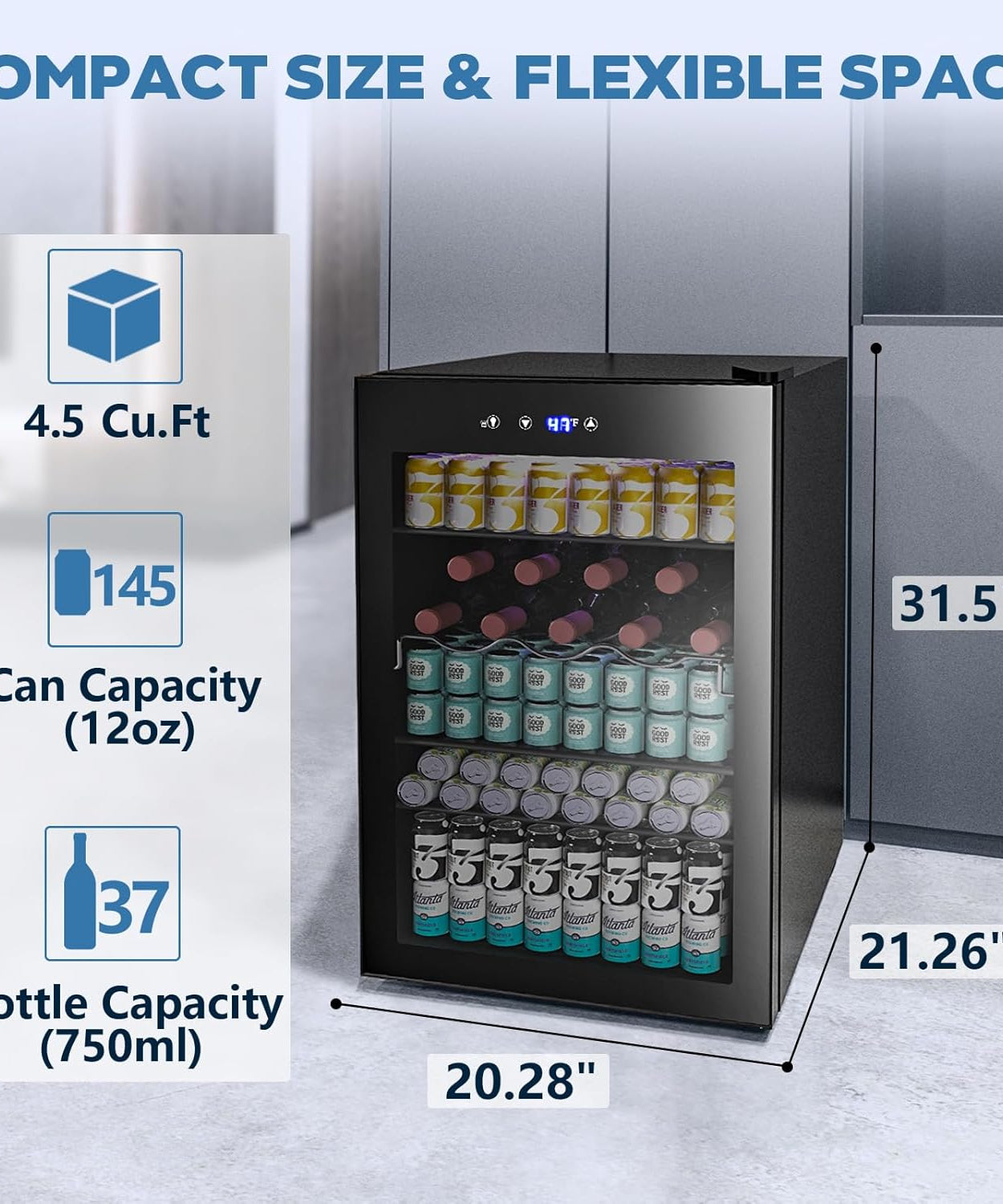 Beverage Refrigerator Cooler 4.5 Cu.Ft,145 Can Mini Fridge with Glass Door W58128BH - Grazingbelles